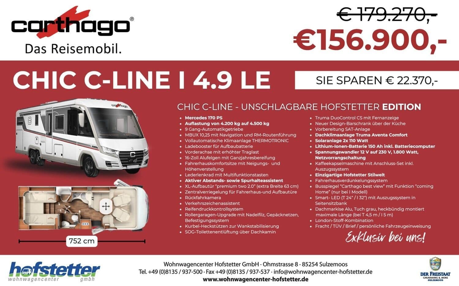 Wohnmobil Carthago chic c-line I I 4.9 LE F.E. mit 4 Sitzen bei Wohnwagencenter Hofstetter GmbH Wohnmobil Carthago I 4.9 LE F.E. chic c-line I mit 4 Sitzen und 4 Schlafplätzen